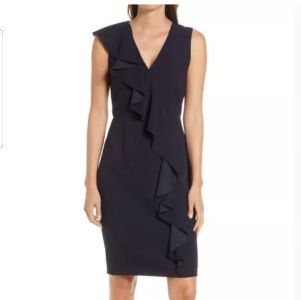 NWT Eliza J Navy Asymmetric Draped Ruffle Crepe Sheath Dress Sleeveless Size 6